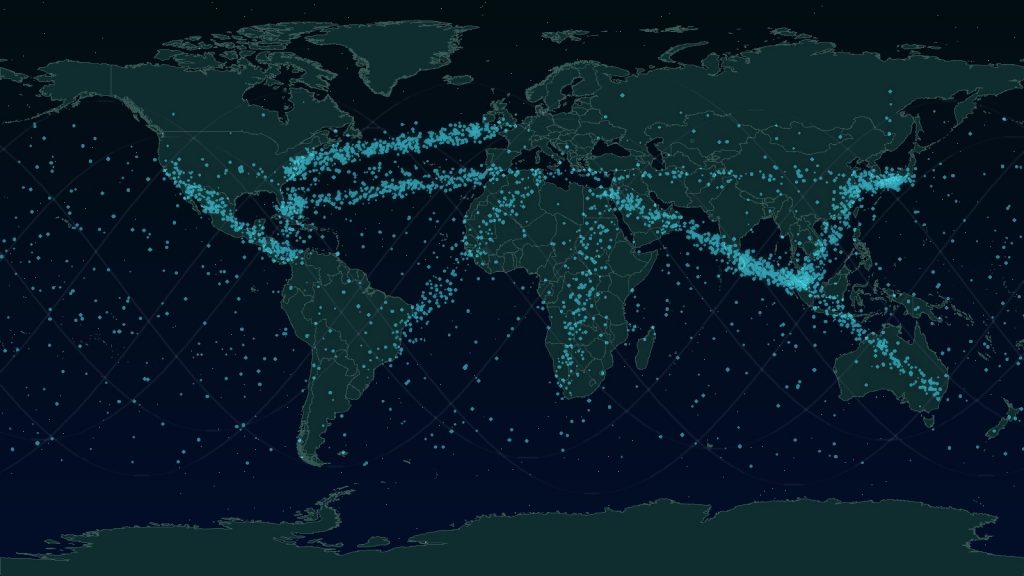 世界地図に船舶の光点と衛星軌道を重ねたイメージ