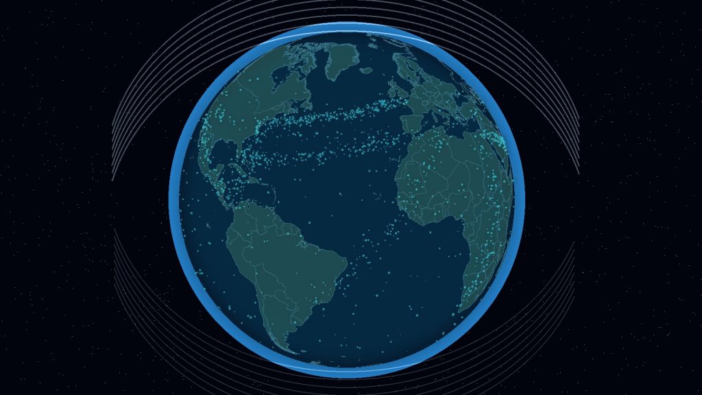 地球を船舶ネットワークと通信衛星軌道が包むイメージ